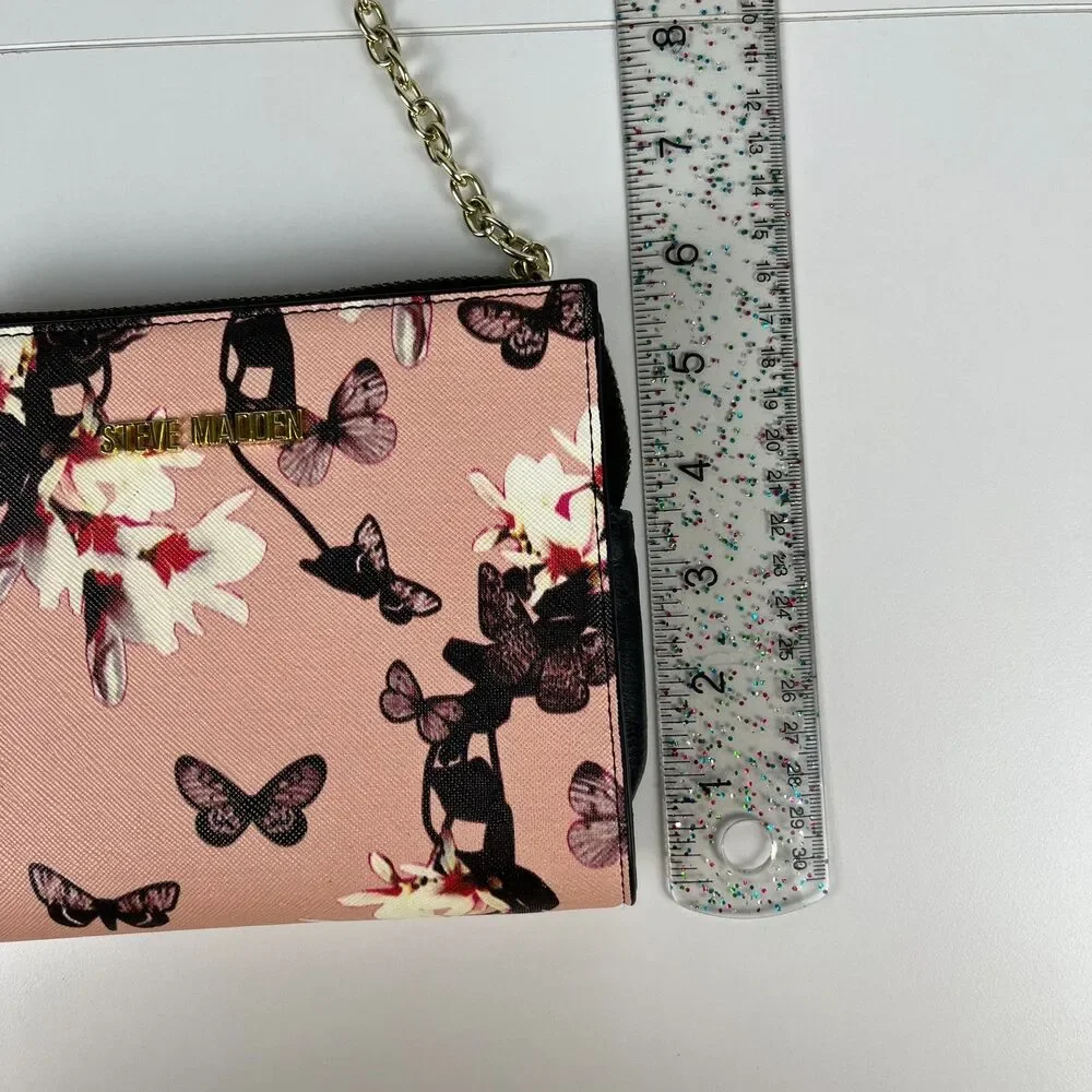 Steve Madden Small Crossbody Purse Logo Pink & Black Floral Butterfly Casual